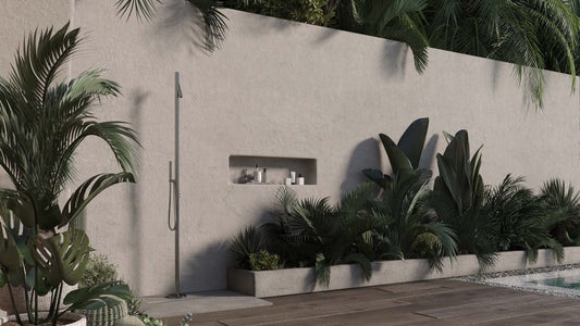 Outdoor shower placement example with AMA Luxury Shower Stella - Nattura Shower